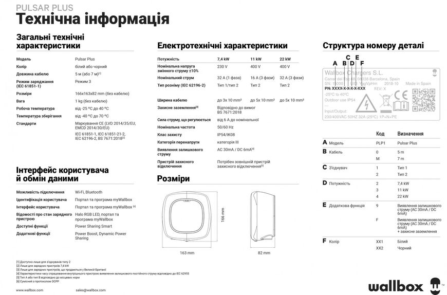 Зарядная станция 32А 22кВт Тype 2 кабель 7 м Wi-Fi BT Wallbox Pulsar Plus (PLP1-M-2-4-9-001) PLP1-M-2-4-9-001 фото