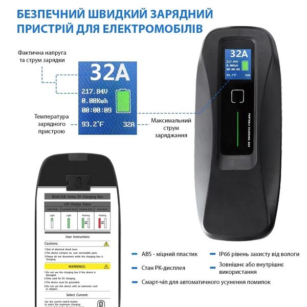 Зарядний пристрій 7.4 кВт Type 1 Besen з РК дисплеєм 5м. IP66 (BS-PCD040S Type 1) BS-PCD040S Type 1 фото