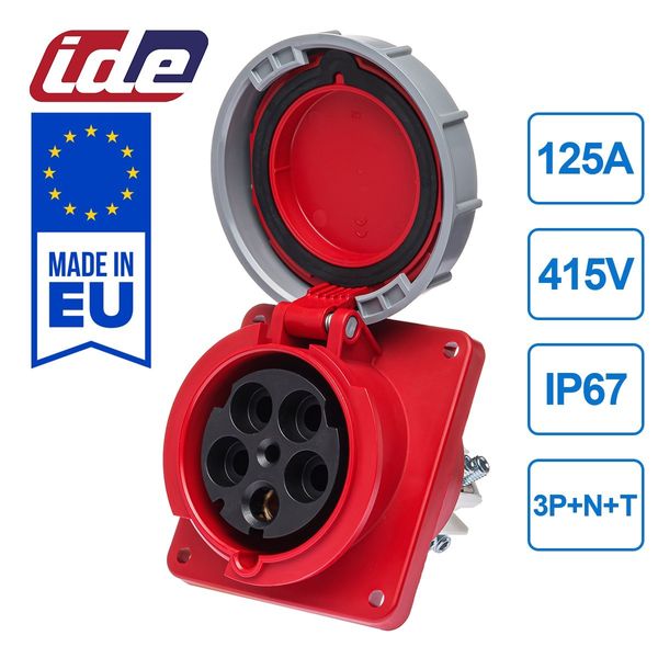 Розетка встраиваемая 125A 415В 3P+N+T IP67 IDE наклонная силовая Красный (3856) 3856 фото