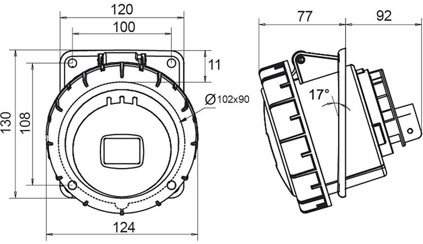 Розетка встраиваемая 125A 415В 3P+N+T IP67 IDE наклонная силовая Красный (3856) 3856 фото