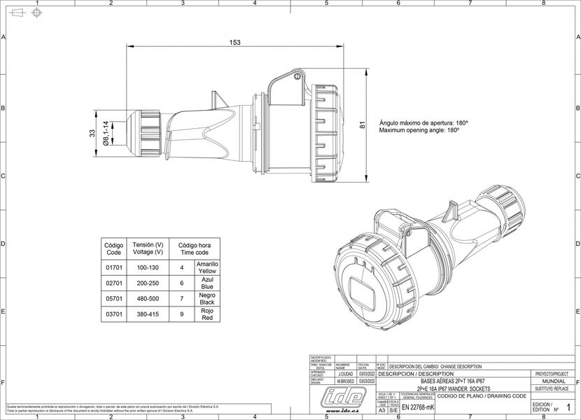 Розетка кабельная 16A 250В 2P+E IP67 IDE кабельная Синий (2701) 2701 фото