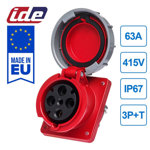 Розетка вбудована похила силова IDE 63A 415В 3P+T IP67 Червоний (3852)
