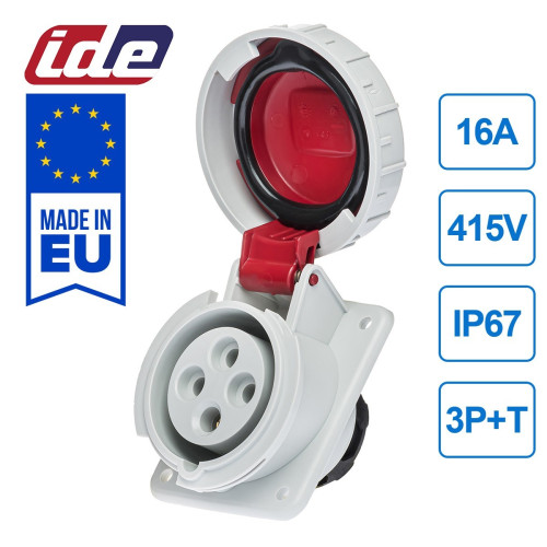 Розетка встроенная наклонная силовая IDE 16A 415В 3P+T IP67 Красный (3802)