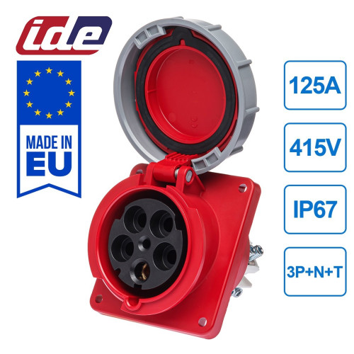 Розетка встроенная наклонная силовая IDE 125A 415В 3P+N+T IP67 Красный (3856)