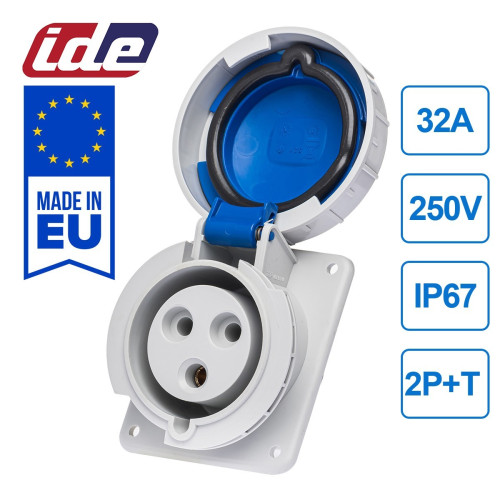 Розетка вбудована похила силова IDE 32A 250 В 2P+T IP67 Синій (2804)