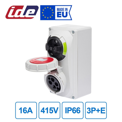 Розетка настенная силовая с механической блокировкой IDE 16A 415В 3P+E IP66 Красный (3832)
