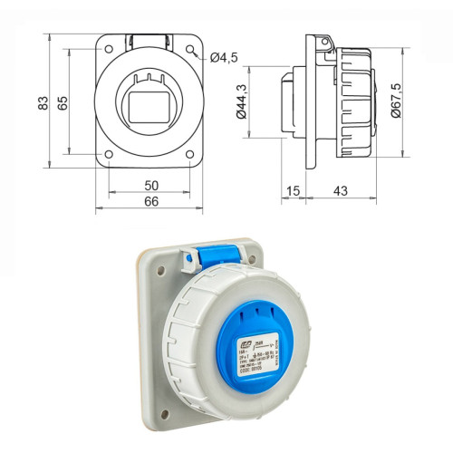 Розетка силова IDE SCHUKO 16A 250В 2P+E IP67 Синій (105)