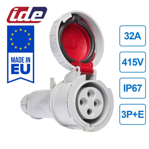 Розетка кабельна силова IDE 32A 415В 3P+E IP67 Червоний (3705)