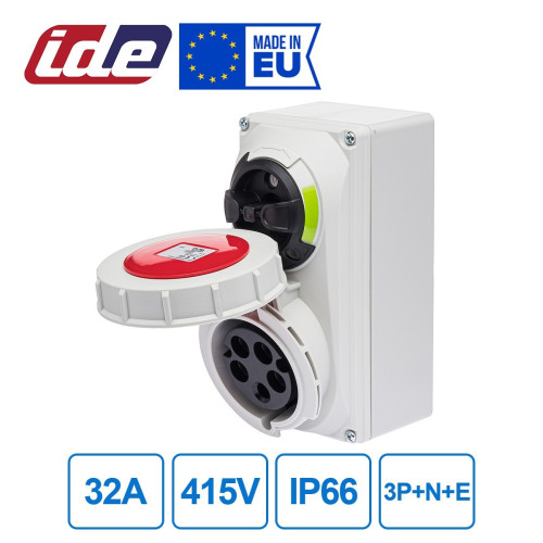 Розетка настінна силова з механічним блокуванням IDE 32A 415В 3P+N+E IP66 Червоний (3836)
