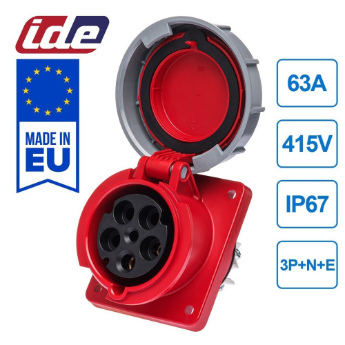 Розетка встроенная наклонная силовая IDE 63A 415В 3P+N+E IP67 Красный (3853)