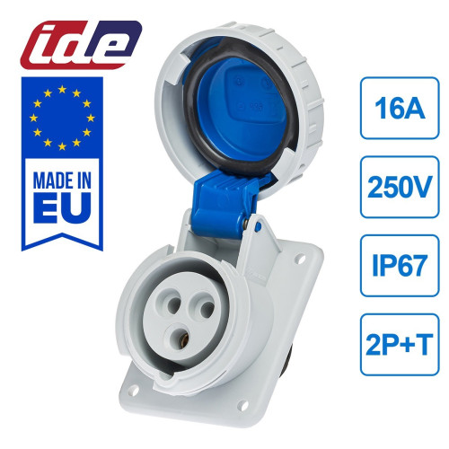 Розетка встроенная наклонная силовая IDE 16A 250В 2P+T IP67 Синий (2801)