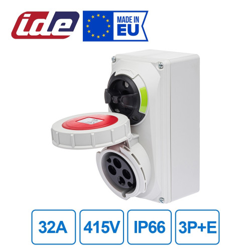 Розетка настенная силовая с механической блокировкой IDE 32A 415В 3P+E IP66 Красный (3835)