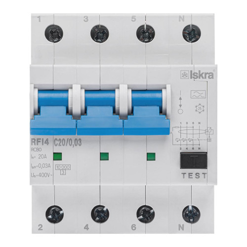 Диференційний вимикач ISKRA RFI4C20A 3P+N 20A A 30 mA DIN IP20 (786100979000)