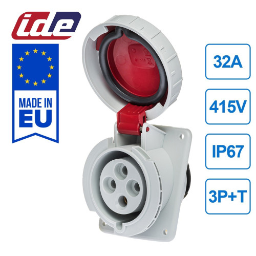 Розетка вбудована похила силова IDE 32A 415В 3P+T IP67 Червоний (3805)