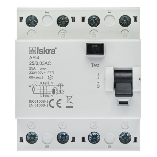 Пристрій захисного відключення 25A 3Р+N AC 30 mA ISKRA AFI4 (30105067000)