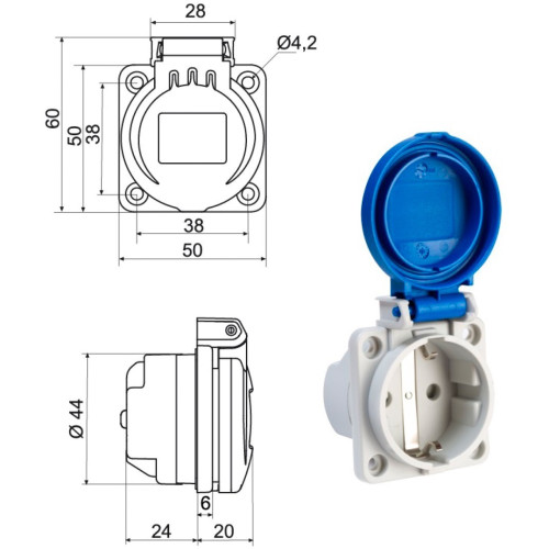 Розетка силовая IDE SCHUKO 16A 250В 2P+E IP54 Синий (452)