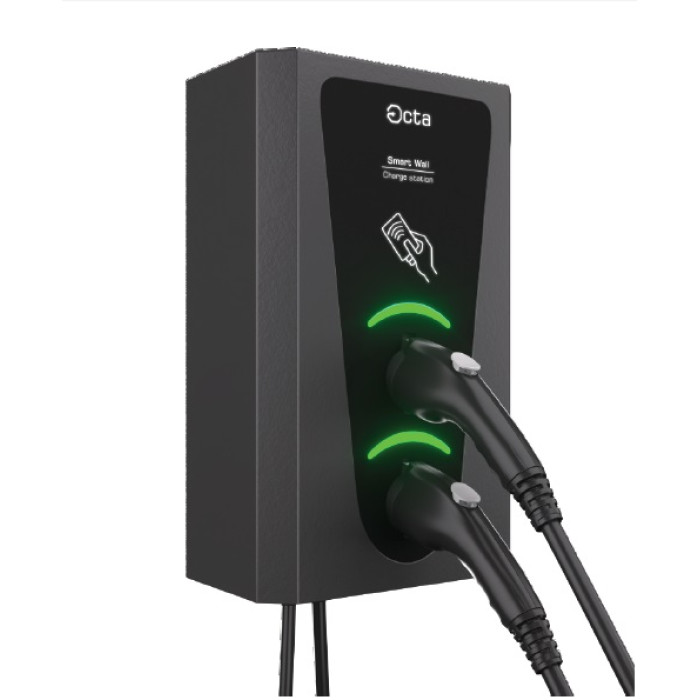 Зарядна станція 2-портова Smart Wall 22+22 кВт з кабелем Тype 2+ кабель Тype 2 5м SW244-C22-C22 Octa Energy
