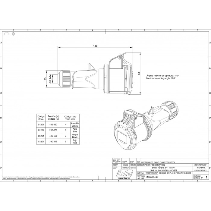 Розетка кабельна IDE MUNDIAL 2P+E 16A 200–250V IP44