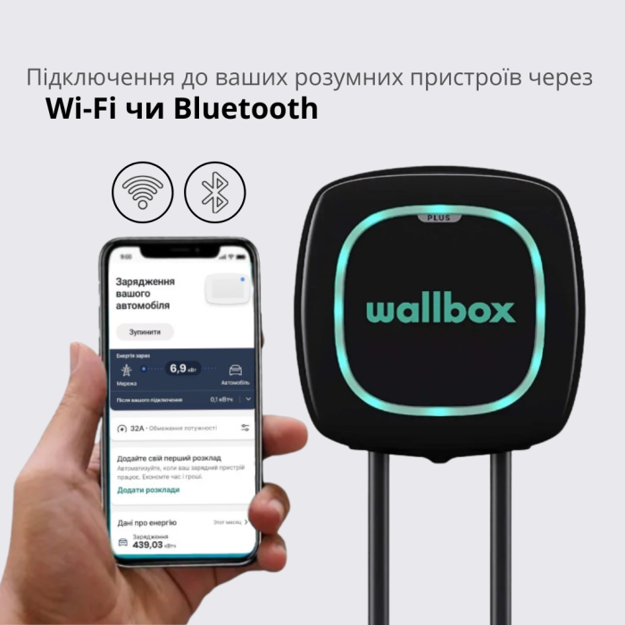 Зарядна станція Pulsar Plus Wallbox 32А 230В 7,4 кВт чорна з роз'ємом Тype 2 з кабелем 5м PLP1-0-2-2-9-002