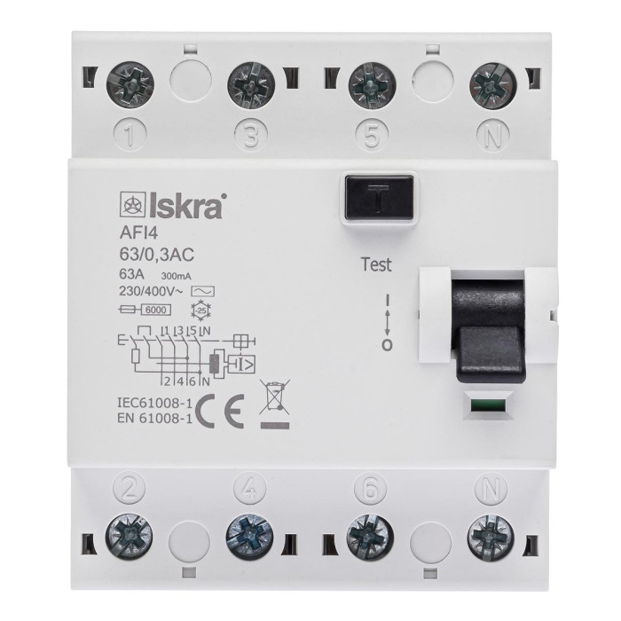 Пристрій захисного відключення ISKRA AFI4 63A 3P+N 0.3A