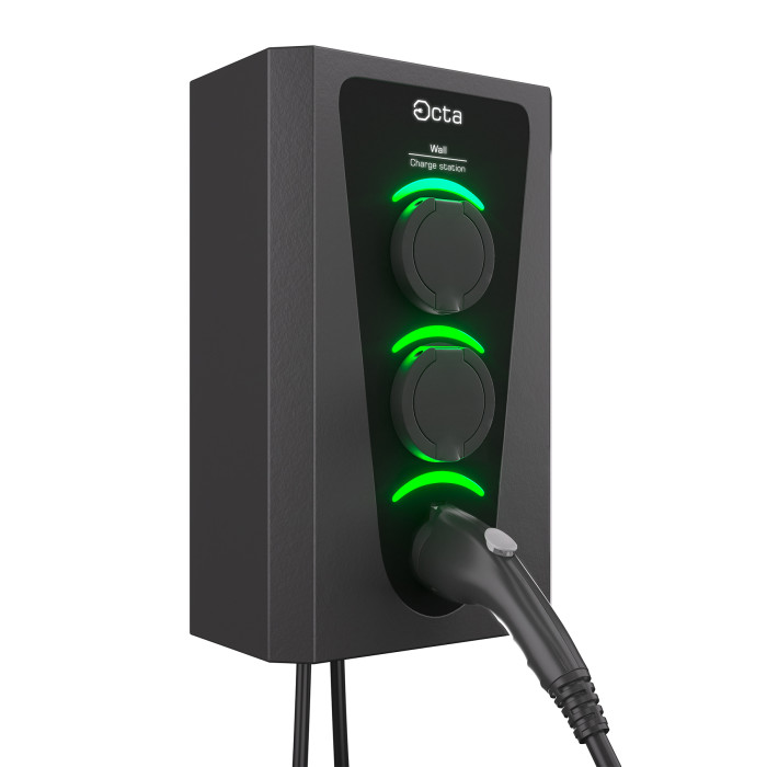Зарядна станція 3-портова 22кВт з розеткою Type 2 (1Ф) + розеткою Type 2 (1Ф) + кабелем Type 1 (1Ф) 5 м Wall Octa Energy W322-S-S-C1