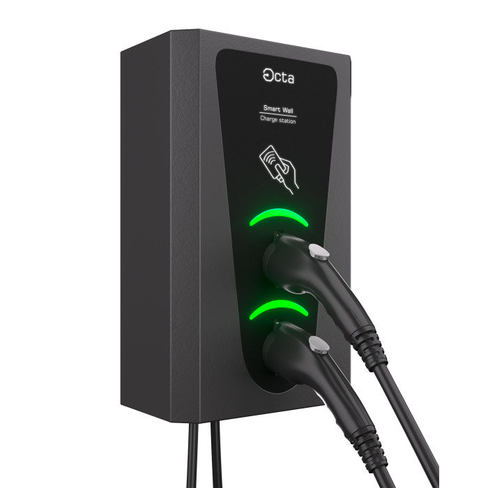 Зарядна станція 2-портова Smart Wall 22+7,4 кВт з кабелем Тype 2 (3Ф) + з кабелем Тype 2 (1Ф) 5м SW229-С22-C2 Octa Energy