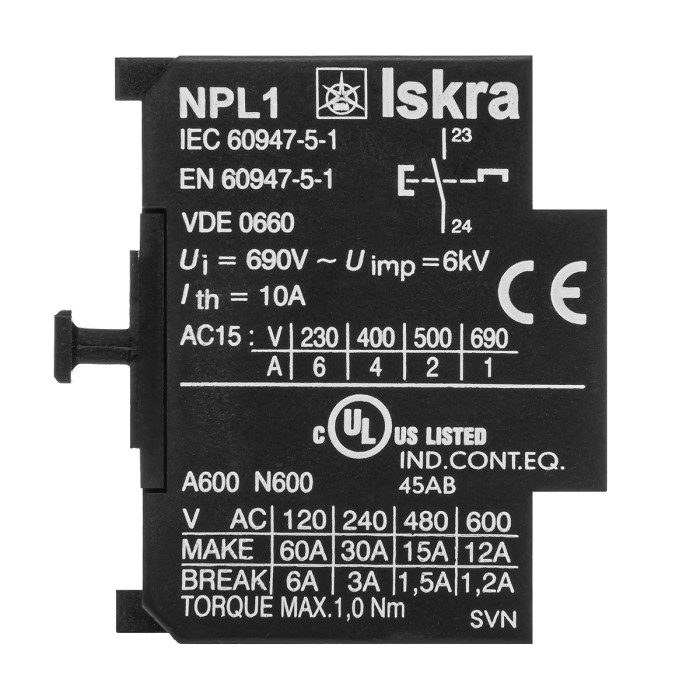 Доп контакт боковий ISKRA NPL1, 1HO для контакторів KNL 9-18
