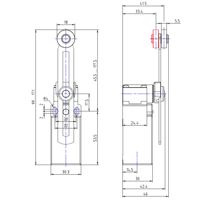 Кінц. вимикач COMEPI з метал. штовхачем, регульований зубчастий привід з роликом (18×5,5) NO+NC