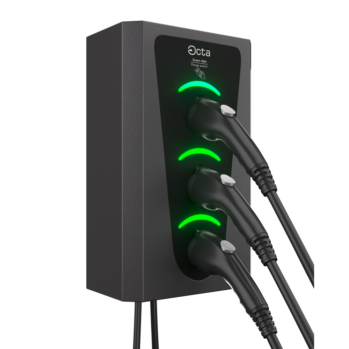 Зарядна станція 3-портова Smart Wall 22+7,4+7,4 кВт з роз'ємом Тype 2 + роз'єм Тype 1 + Тype 1 з кабелем 5м SW336-C22-C1-C1 Octa Energy