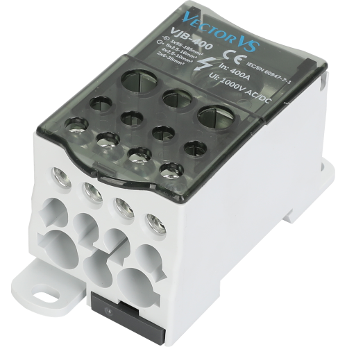 Розподільчий блок VJB-400 на DIN-рейку, 400а, вх.1х95-180мм², вих.5х2.5-16, 4х2.5-10, 2х6-35мм²